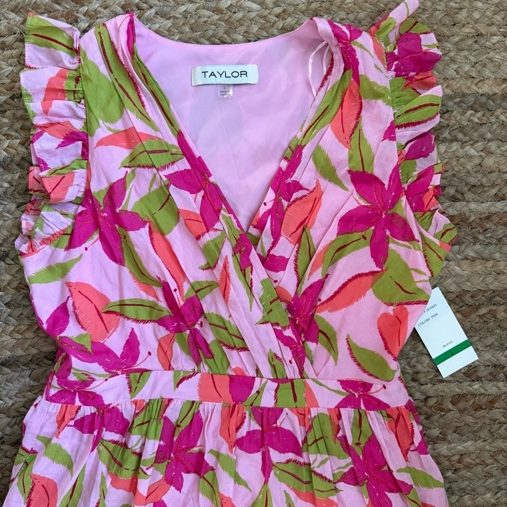 NEW Taylor Large Pink Tropical Floral Tiered Sleeveless Cotton Dress - Picture 7 of 9